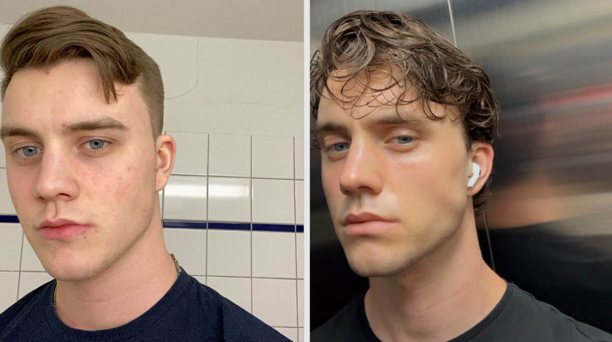 Man before and after grooming and style upgrade transformation